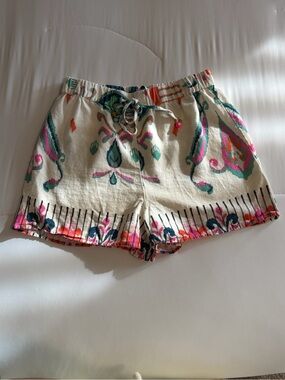 Zara Cream Floral-Print Drawstring Paisley Athletic Shorts